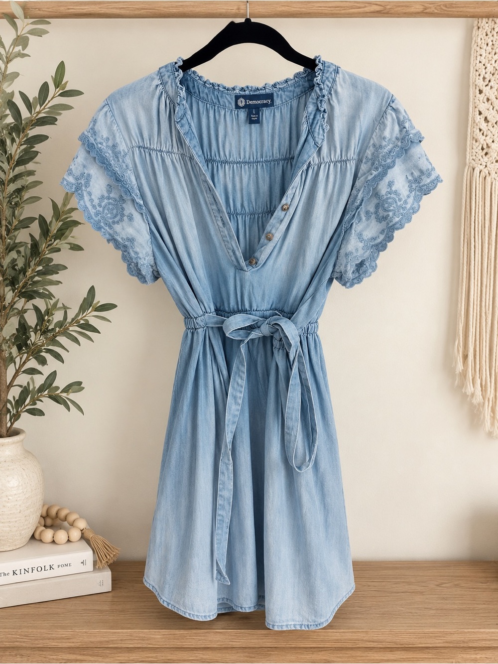 Democracy Light Blue Lace Sleeve Tie-Waist Dress